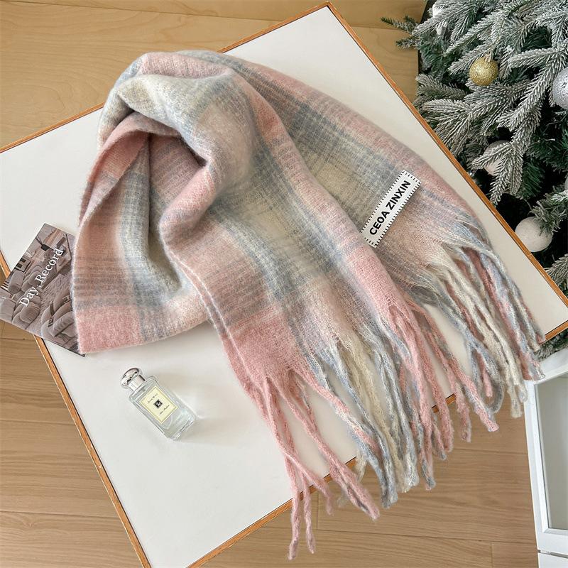 

Универсальный искусственный кашемировый мягкий и липкий клетчатый шарф с кисточками для женщин, зимний роскошный новый модный утолщенный теплый платок 220*52cm розовый