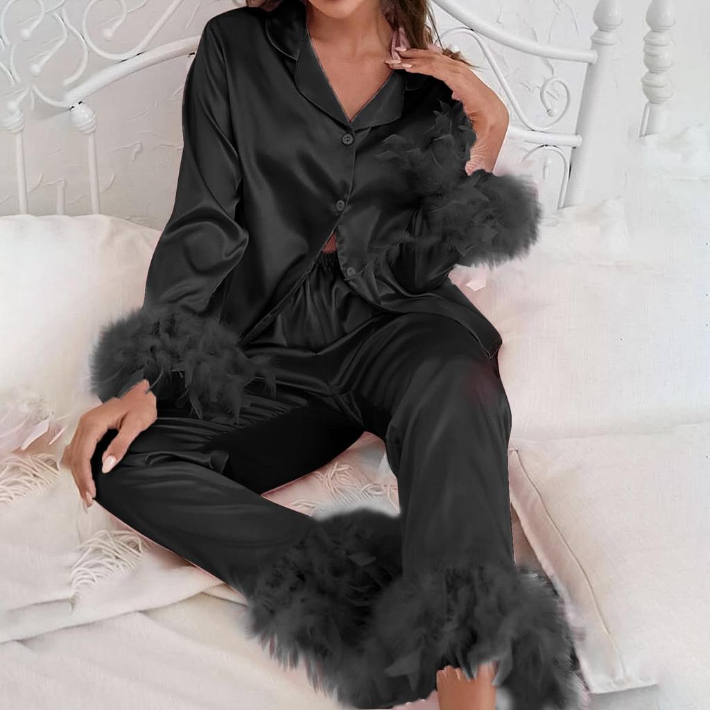 Pysjamassett med trykt for kvinner Mykt todelt Loungewear-sett Langermede topper Lange bukser Matchende pyjamas Natttøy