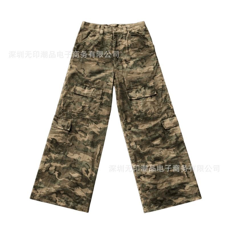 American Vintage Camo High Waist Straight Leg Jeans Street Style Loose Wide Denim Pants