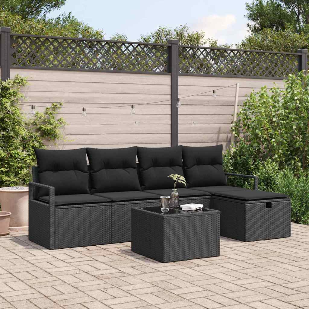 Sofa Set with Cushions and Storage 6 pcs Black Poly Rattan