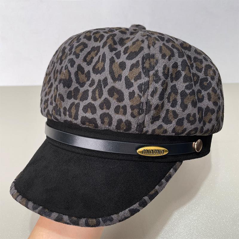 Wool Plaid Octagonal Hat for Women in Autumn and Winter PU Leather Versatile Retro Beret Temperament Fashionable Literary Painter Hat