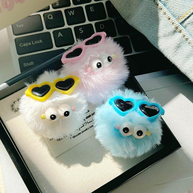 Kawaii Sunglass Hair Ball Keychain Creative Cartoon Plush Doll Keyring Bag Pendant Backpack Hanging Decoration Couple Gifts