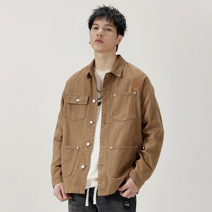 Spring Versatile Denim Jacket American Trend Retro Casual Label Shoulder Sleeve Jacket Men'S Long Sleeve Top Men'S