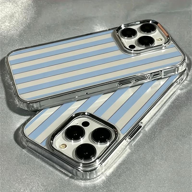 Blue White Wide Stripes Electroplated Lens Frame Clear Phone Case for iPhone 17 Air 16 15 14 13 12 11 Pro Max XS Max X TPU Cover