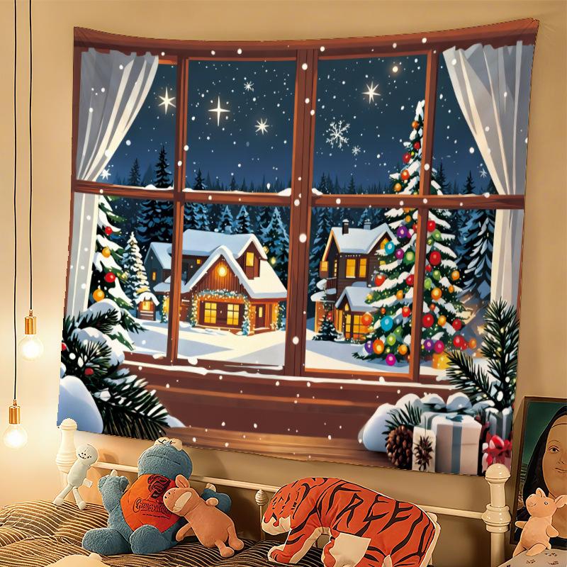 Christmas Window Tapestry Wall Hanging Cartoon Tree Gifts Bells Snowflake Winter Aesthetic Wall Art Bedroom Dorm Decor