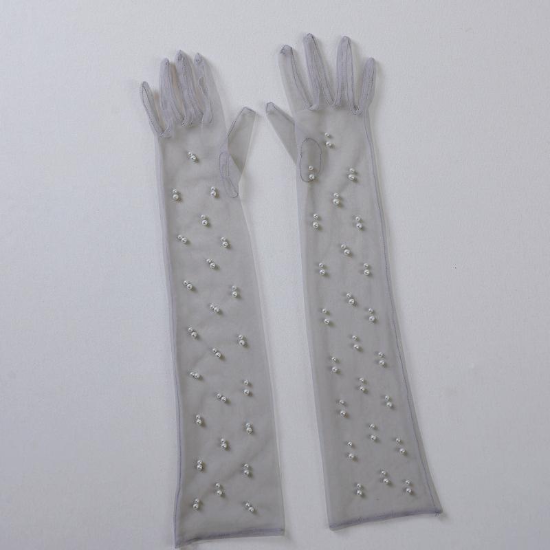 

Women sexy Pearl Lace Tulle Gloves Wedding Bridal Gloves Mesh Yarn Long Full Finger Mittens