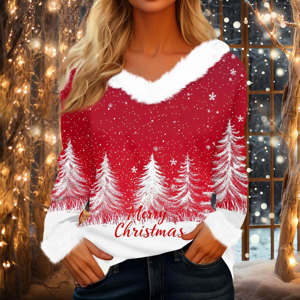 Damen Modisches Lässiges V-Ausschnitt Weihnachts-Print Langarm-Oberteil