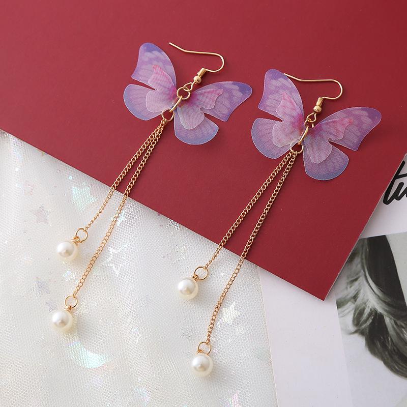 Purple Tassel Butterfly Pearl Earrings: Bold and Elegant Design