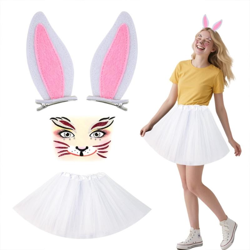 Hasenohren Haarspange und Tüllrock Gesichtsaufkleber Rollenspiel Outfit für Geburtstags-Mottopartys Bekleidungs-Event