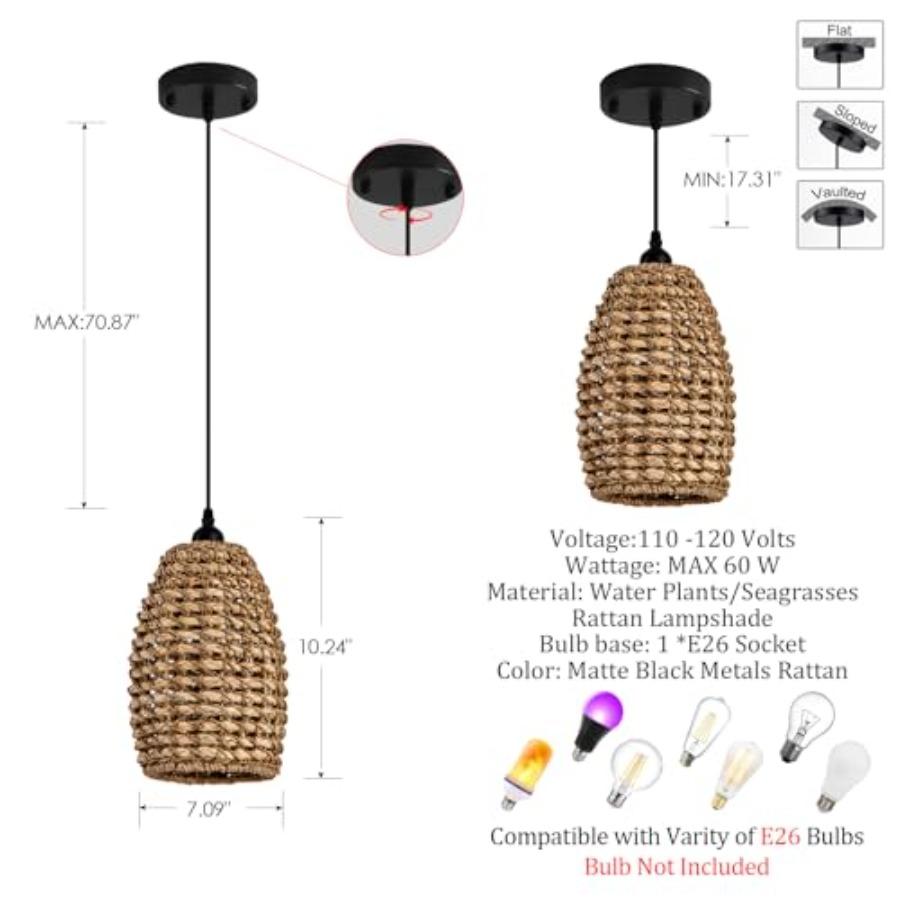 3-Pack Mini Rattan Pendant Light Fixtures 7.09 Boho Hand Woven Seagrass Rattan Chandelier for Dining Living Bedroom Kitchen Far