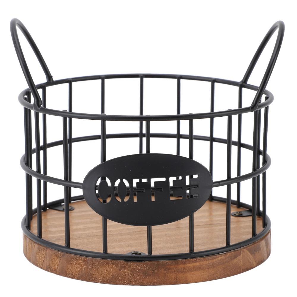 

Round Iron Wire Coffee Pod Basket Large Capacity Metal Wire Pod Container Wooden Base Black Coffee Capsule Holder Office