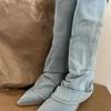 Women Pleated Blue Denim Boots New Square Heel Middle Heels Pointed Toe Women Shoes Retro Knee-High Long Boots Large Size 39- 42
