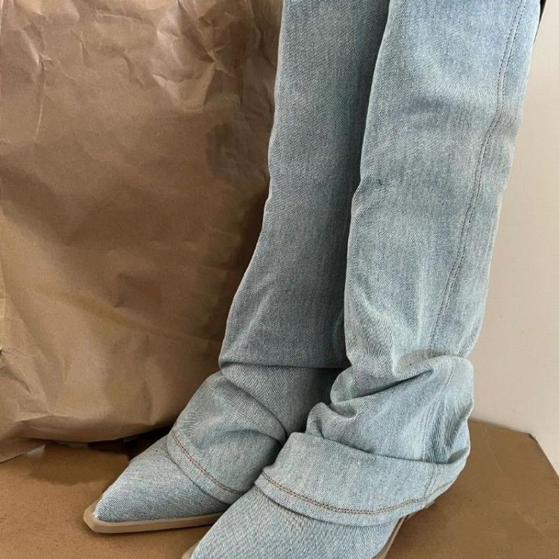 Women Pleated Blue Denim Boots New Square Heel Middle Heels Pointed Toe Women Shoes Retro Knee-High Long Boots Large Size 39- 42