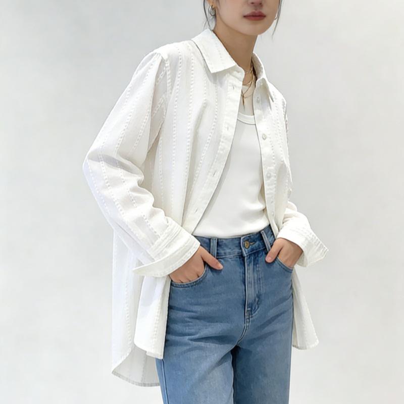 

Вперед, Испания! Универсальная свободная рубашка с длинным рукавом в вертикальную полоску с необработанным краем, весна/лето 2026 Large белый