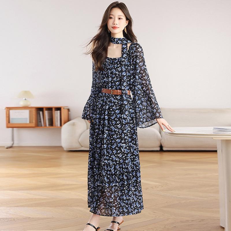 Zhu Zhu Style French Retro Floral Chiffon Dress - Autumn Slim Fit Long-Sleeve Maxi S