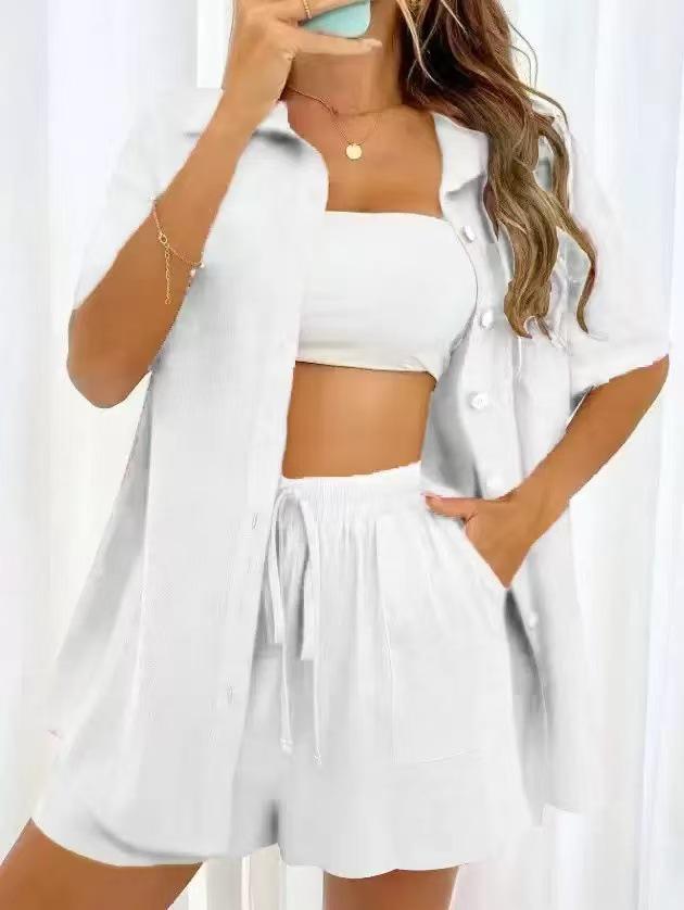 Women's Casual Solid Color Shirt & Shorts Set - Single-Breasted, Short-Sleeved