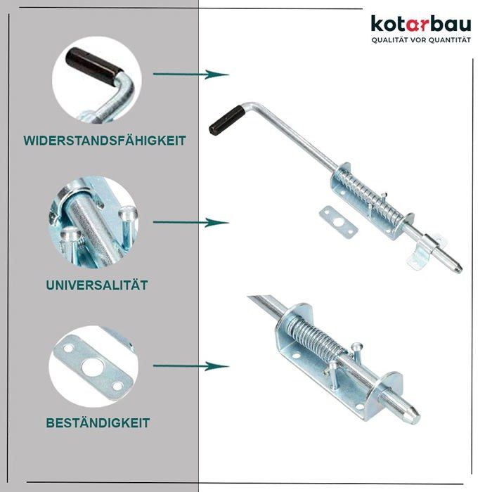 Verrou Porte Extérieur - Verrou Portail - Acier Galvanisé - 420 mm - Argent - Loquet à Ressort - Poignée Caoutchouc KOTARBAU