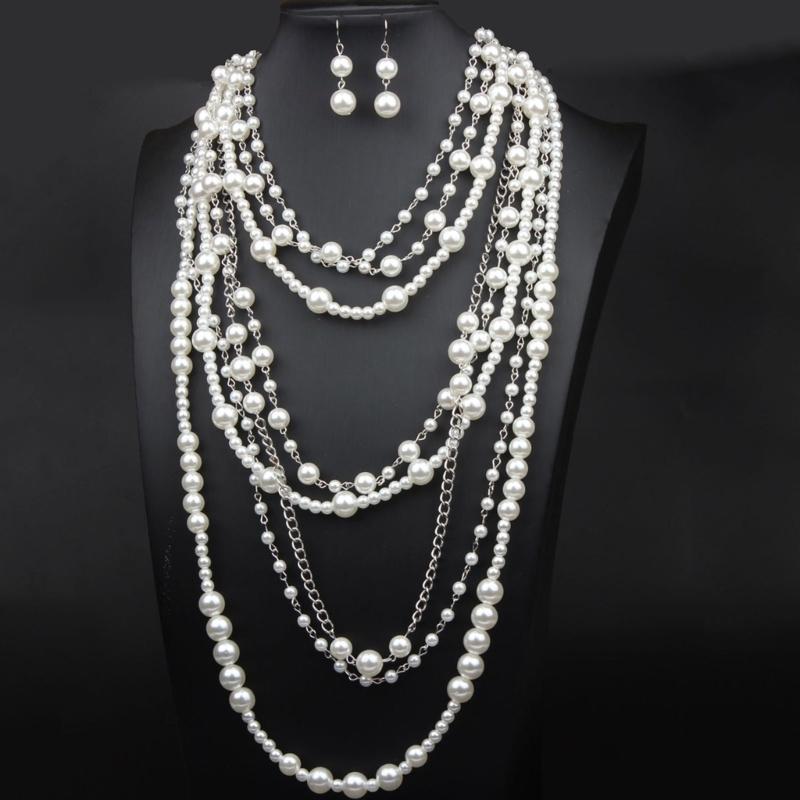 Elegant Multilayer Pearls Necklace and Earrings Set for Women Featuring Handmade Beading and Fashionable Designs