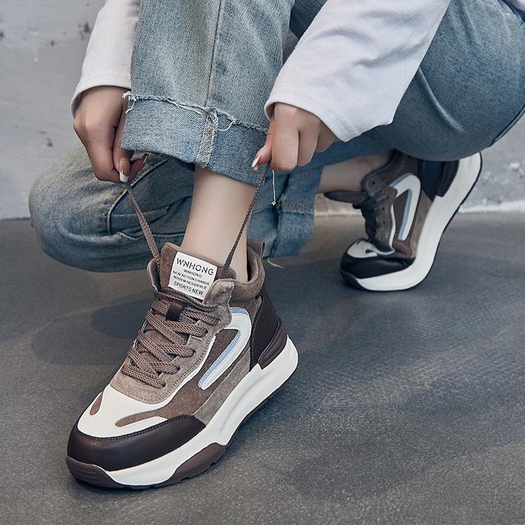 Spring/Summer 2025 Women's Colorblock Genuine Leather High-Top Sneakers - Thick Sole, Fleece-Lined, Casual Lace-Up in Trend
