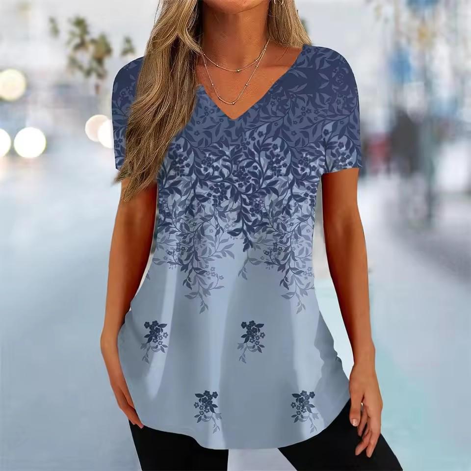 Vintage V-neck Women's T-shirt Summer Outdoor Casual Short Sleeve Tops Fashion Black Stripe Printing OverSize Clothing