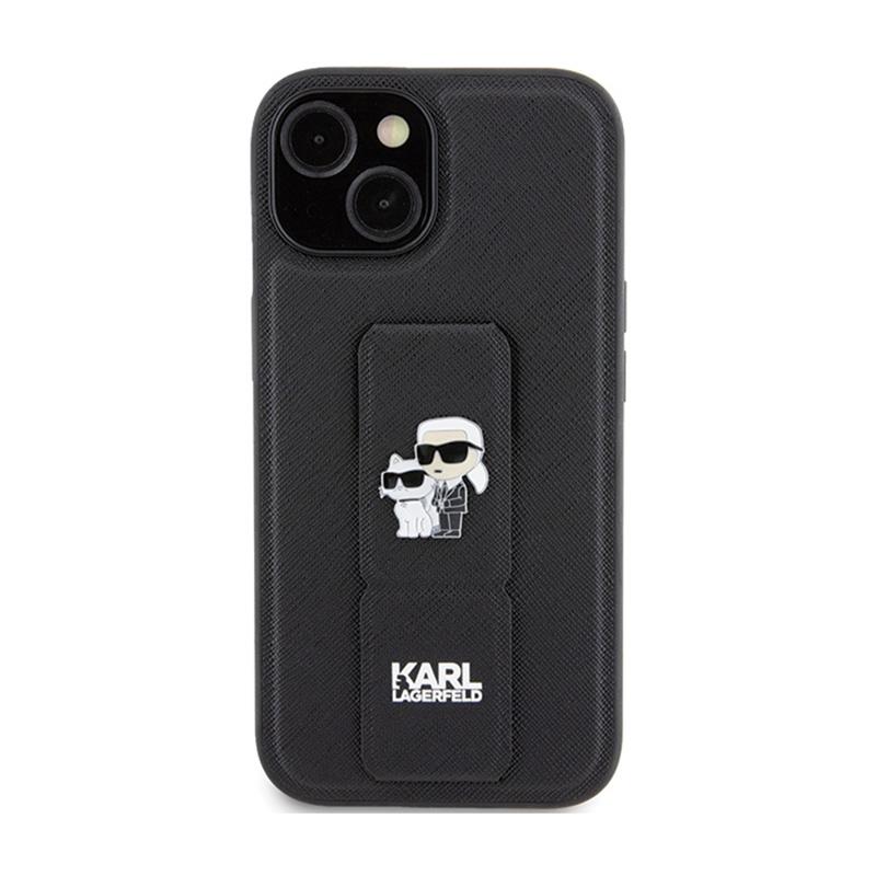 Karl Lagerfeld Gripstand Saffiano Karl & Choupette Pins - Etui Iphone 15 (Czarny)