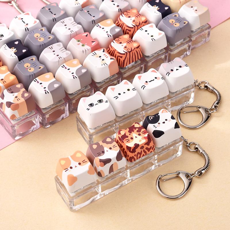1Pcs Cute Cat Keyboard Fidget 4 Keys Creative Design Keycap Keyring Finger Button Kawaii Mechanical Keyboard Keychain