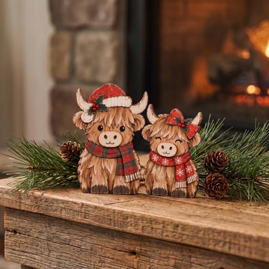 Rustic Christmas Table Centerpieces 2Pcs Highland Cow Ornament Set, Decorative Wooden Tabletop Farmhouse Tiered Tray Decor Figurine for Holiday