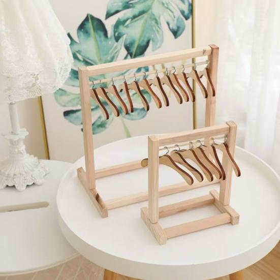 Doll Clothes Rack with Mini Hanger Wooden Girl Doll Garment Display Organizer Rack Dollhouse Clothing Wardrobe Furniture Accessories