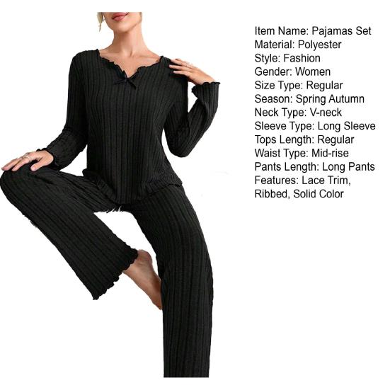 2Pcs/Set Women Pajamas Set V-Neck Long Sleeve Lace Trim Tops Elastic Waist Long Pants Set Solid Color Ribbed Sleepwear