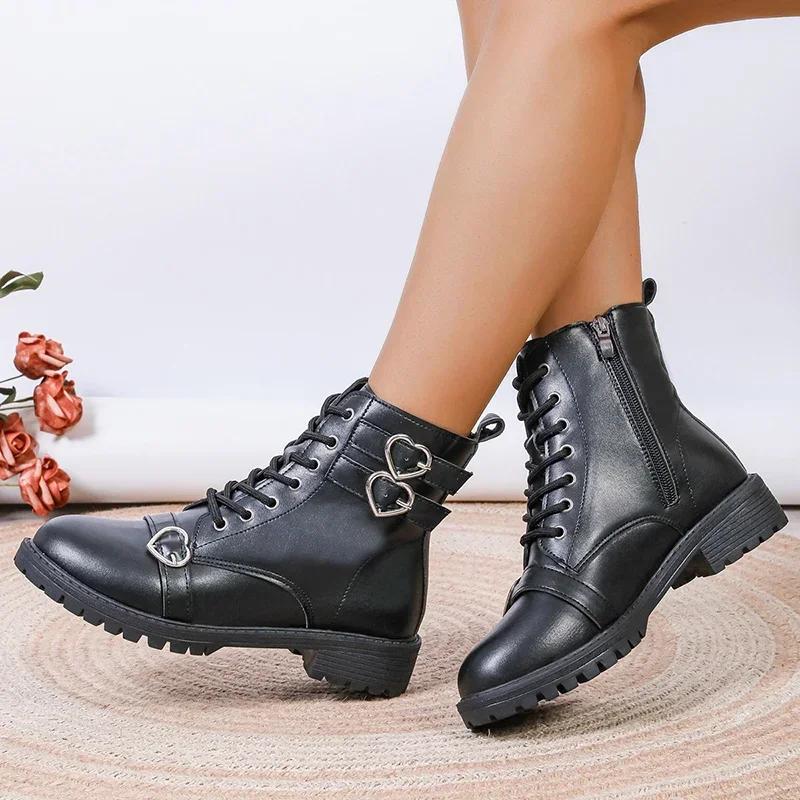 Fashion Women's Solid Lace Up Fashion Boots 2024 Autumn Heart Buckle Thick Heel Short Boots Pu Leather Side Zip Square Heel Women Boots