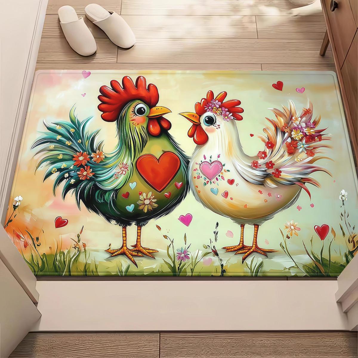 

Love Couple Chickens Floral Crystal Velvet Rug Romantic Farmhouse Decor Living Room Floor Mat Cute Animal Print Home Accent 50x 80cm