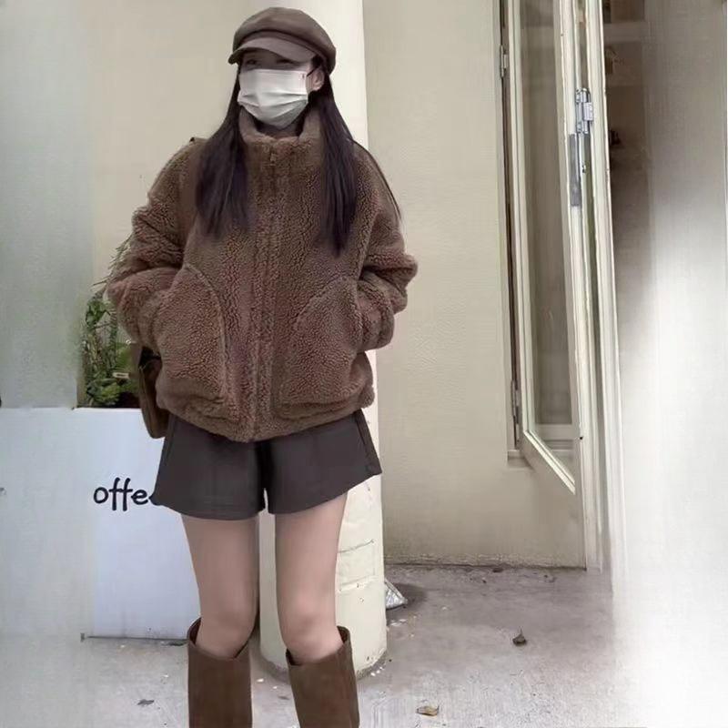Sherpa Cardigan Stand Collar Jacket Women Winter Loose Lazy Style Basic Plush Thick Short Hoodie