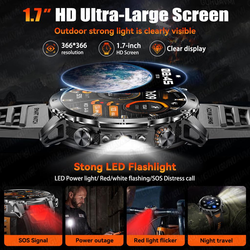 New TANK Ultra 1400mAh Battery Military Smart Watch 10ATM Waterproof Heart Rate Tactical LED Flashlight Men Sports Bracelet