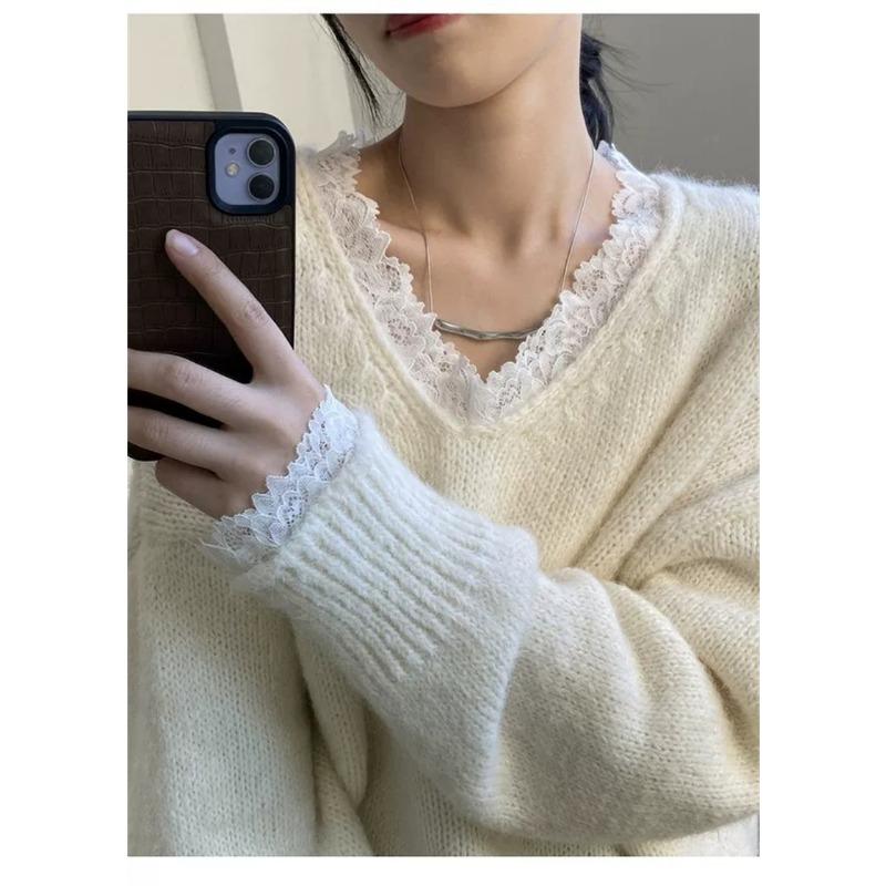 New Korean Fashion Lace Patchwork Pullover Loose Sweater Women Knitted Casual Versatile Tops Autumn and Winter V Neck Long Sleeve Solid Color Clothes
