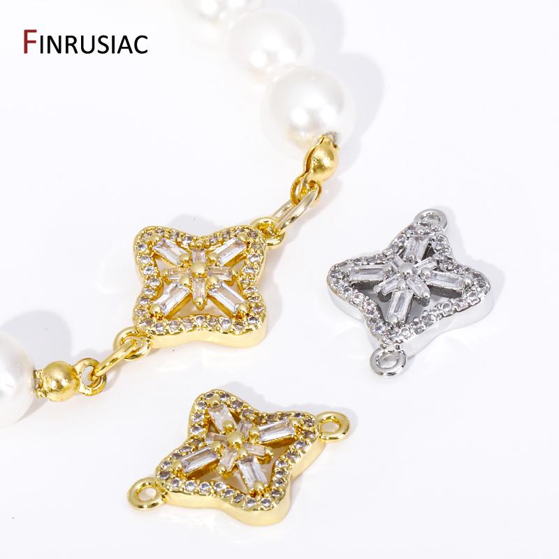18K Gold Plated Brass Square Charm Connector,Inlaid Zircon Flower Pendant Connector For DIY Jewelry Making Accessories