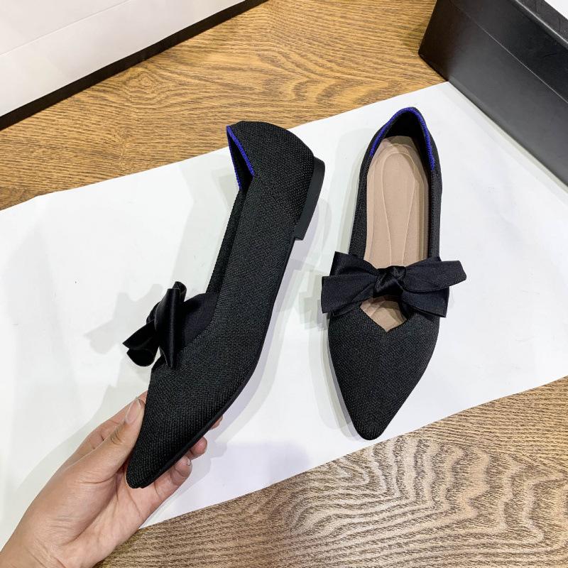 Single shoes women's new bow flat bottom super soft knitted pointed head shallow mouth woven bean shoes