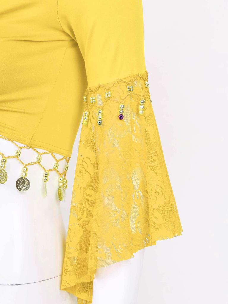 Womens Belly Dance Crop Top Lace Patchwork 3/4 Flared Sleeves Bell Bead Tassel Lace Up Detail Shawl Cardigan