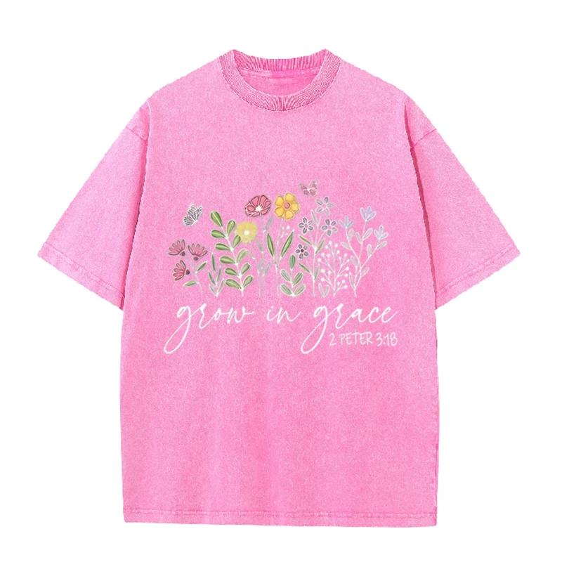 Retro Christian Faith T Shirt Grow In Grace Floral Washed Casual Short Sleeve