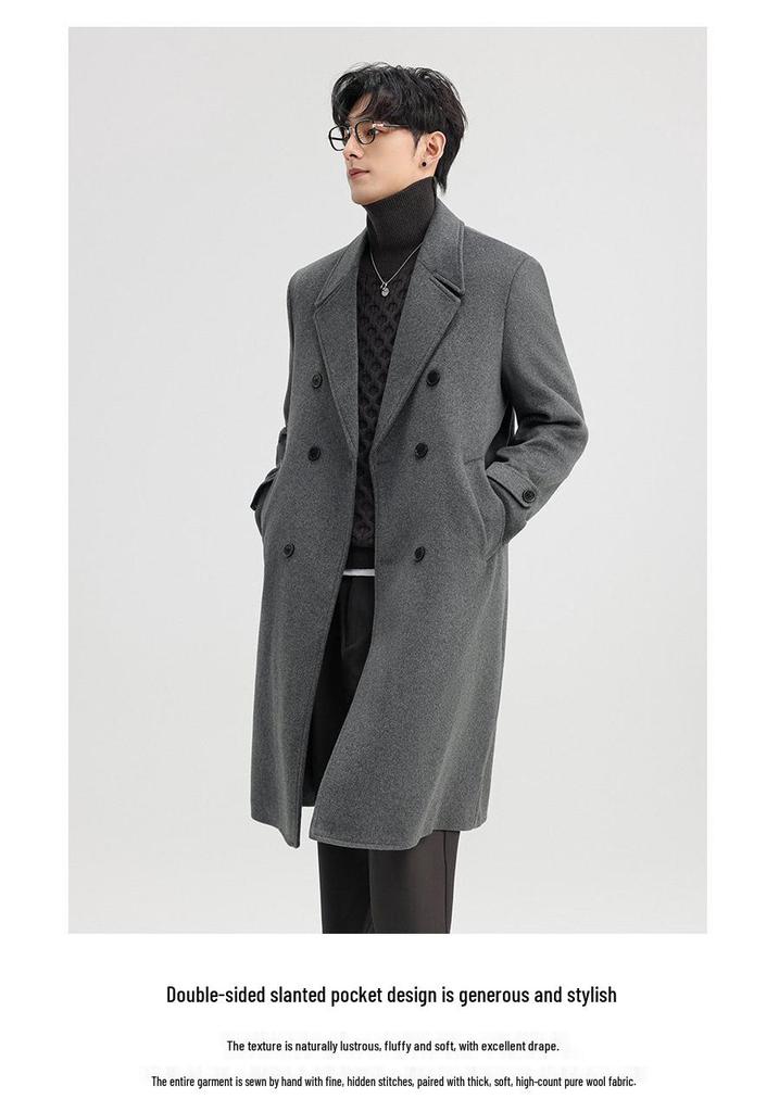 Men's Long Double-Breasted Double-Sided Wool Coat for Autumn/Winter