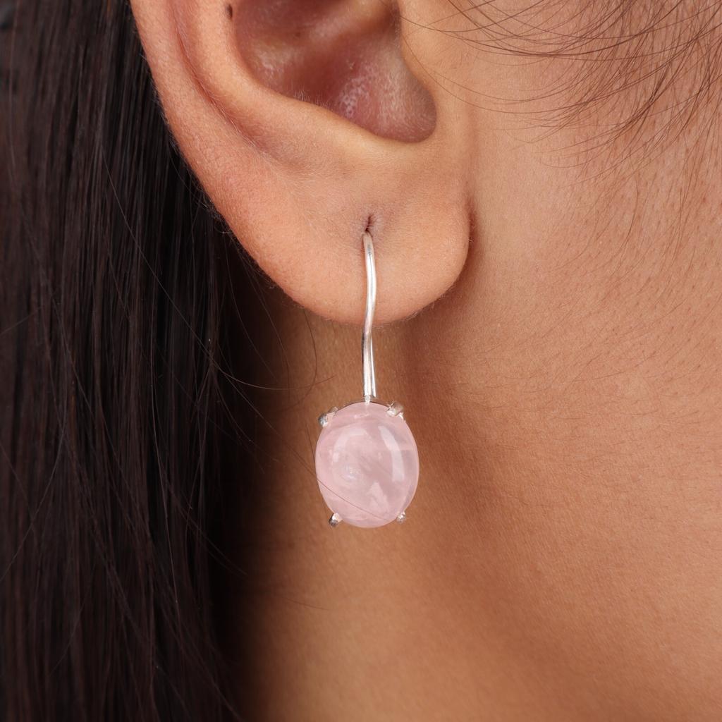Natur-Rosenquarz-Edelstein 925 Sterlingsilber Handgefertigte Hängeohrringe 1,05" EE-173-27