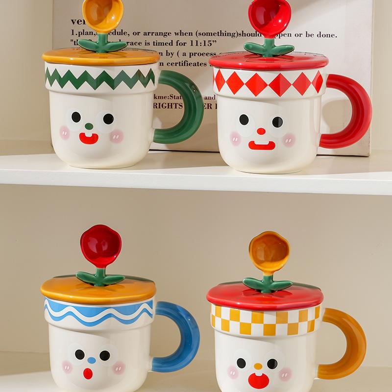 Small Flower Expression Cute Cartoon Ceramic Cup with Cover Spoon with High Appearance Single Cup Girl Couple Mug Small Gift