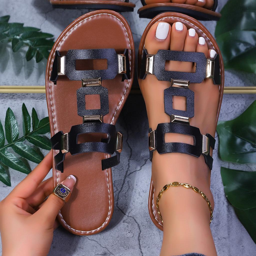Summer Open Toe Outdoor Beach Comfortable Roman Shoes Fashionable Casual Metal Decoration Flat Women's Sandals Zapatos De Mujer