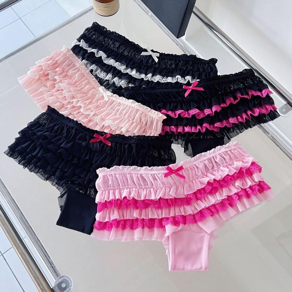 Layered Cake Design Lace Panties Bow Mesh Sweet Lace Briefs Romantic Women's Underwear Daily Wear