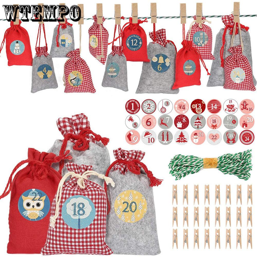24 st Julset Dragpåse 1-24 Julkalender Nedräkning Hängande Påse Förpackning Presentförvaringspåse