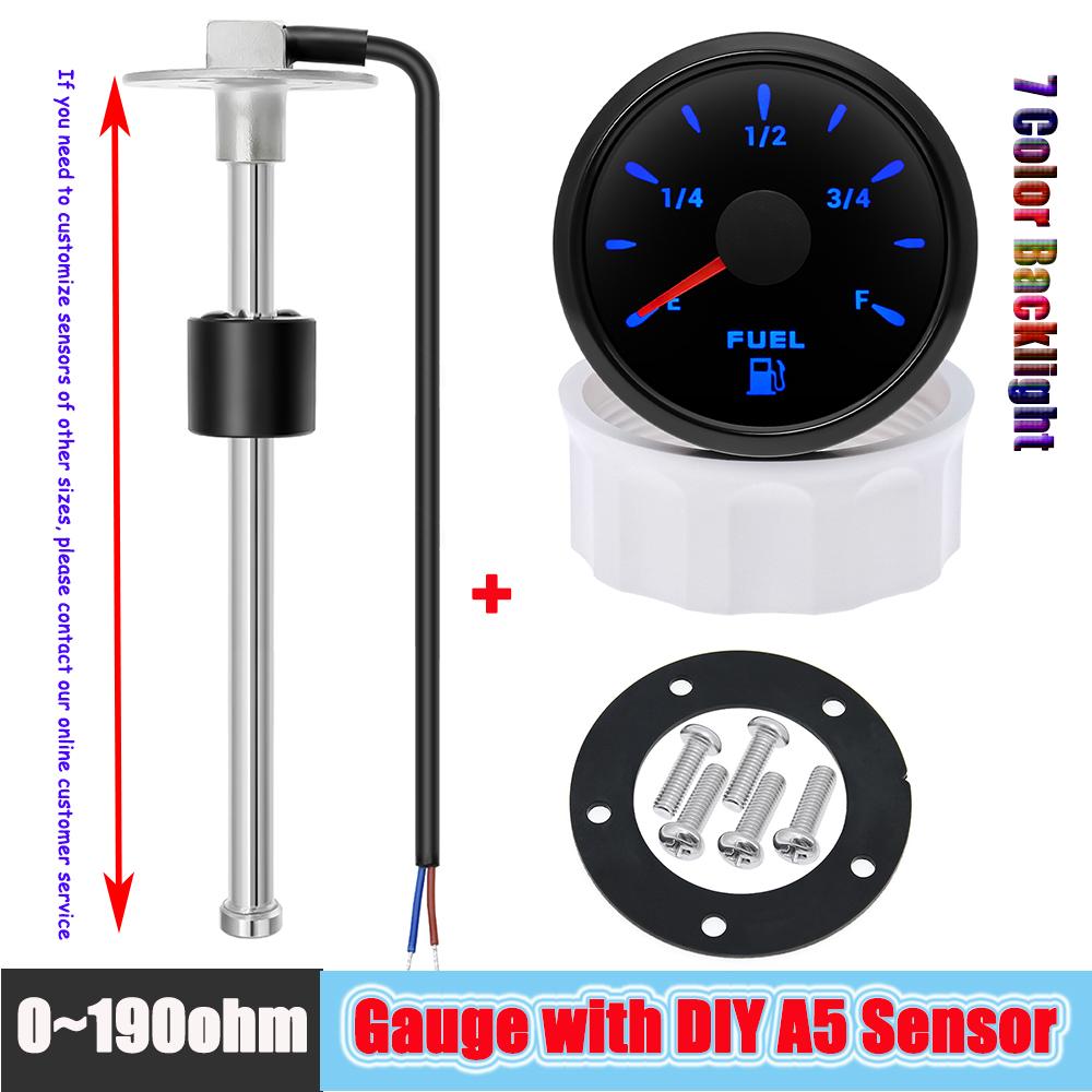 Car FUEL Gauges Instruments+A5 Fuel Float Sensor 0-190 Ohm 7 Color LED Water Tank Level 52MM Waterproof for Boat Marine 12V 24V