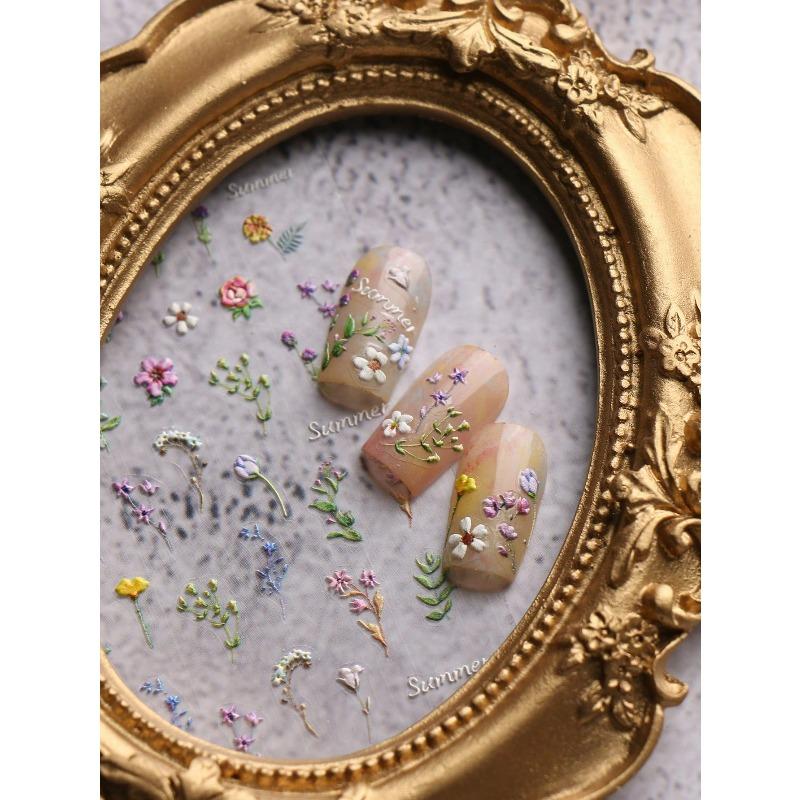 1pc Spring & Summer Floral Embossed Nail Art Stickers, 5D Adhesive Nail Decorations For Acrylic Nails, Women & Girls Nail Art Supplies