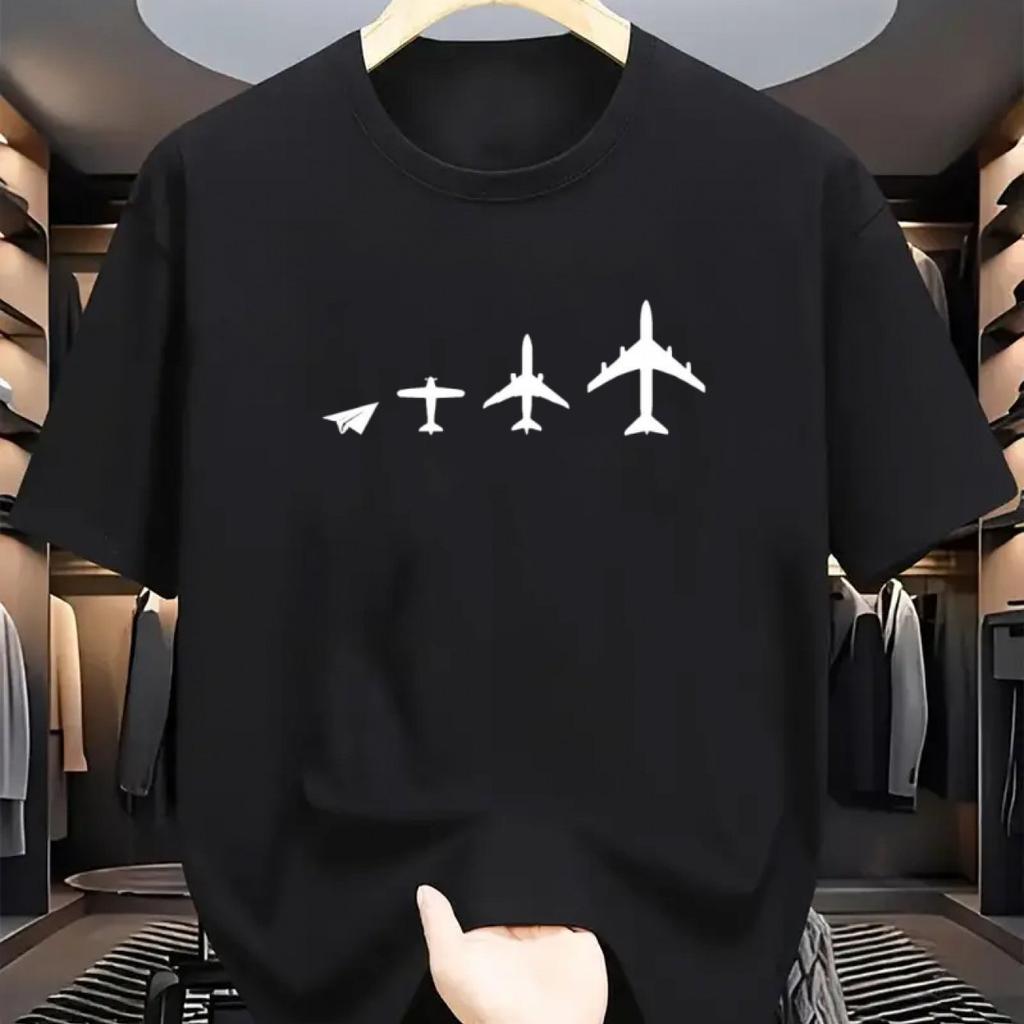 Men Cotton Crew Neck T-Shirt with Airplane Evolution Print Casual Sporty Short Sleeve Tee Slight Stretch Knit Fabric
