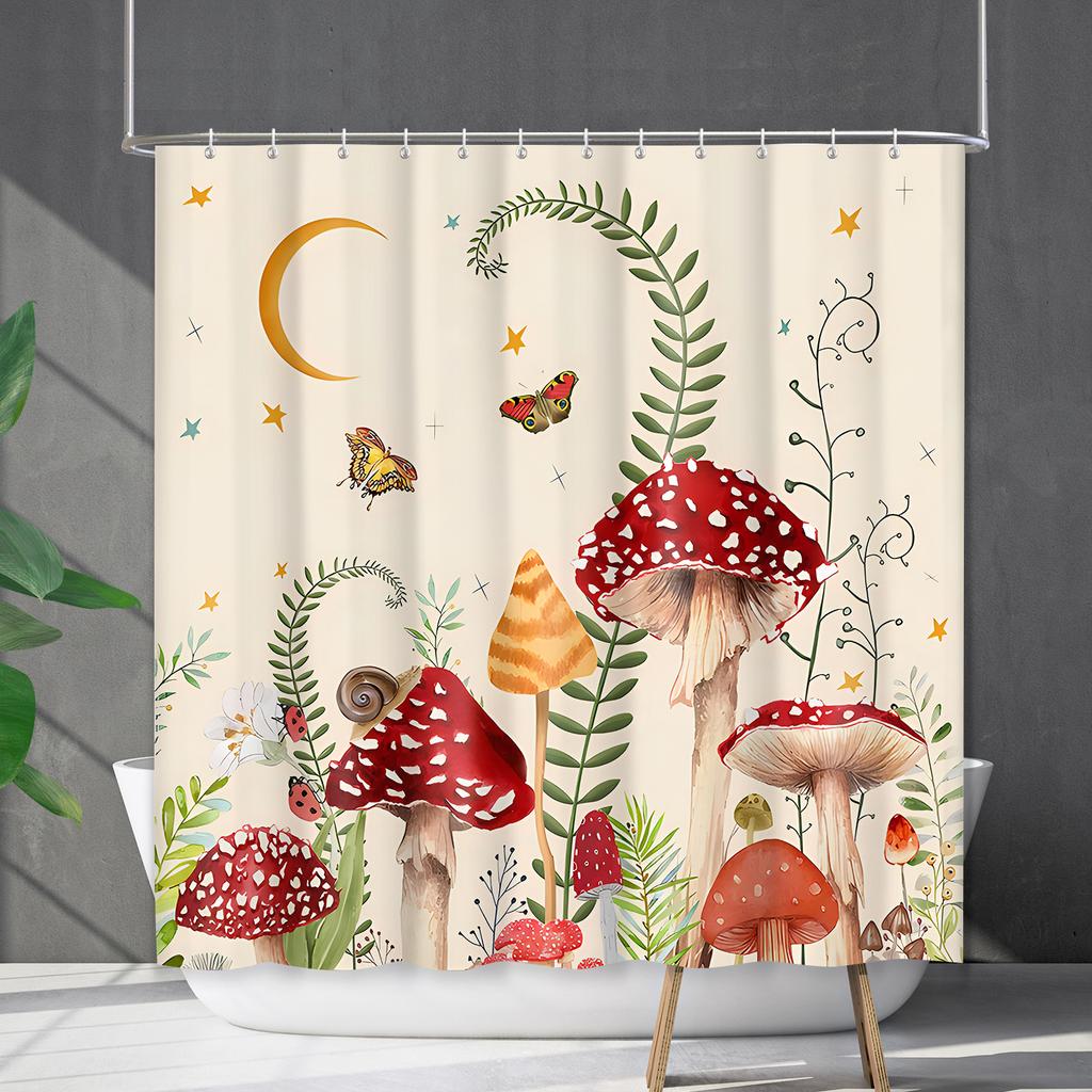 Bathroom Waterproof Curtain Digital Printing Plant Mushroom Shower Curtain Non-Punching Toilet Partition Curtain Shower Cloth