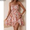 MODIQUE 2025 Summer New Women's Sexy Floral Print Elastic Waist Slip Short Dress Ladies Elegant A-Line Sleeveless Dress Adjustable Shoulder Stra