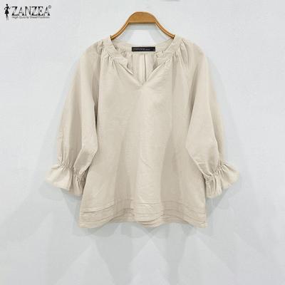 Women Casual V-Neck Solid Color Loose Long Sleeve Blouse